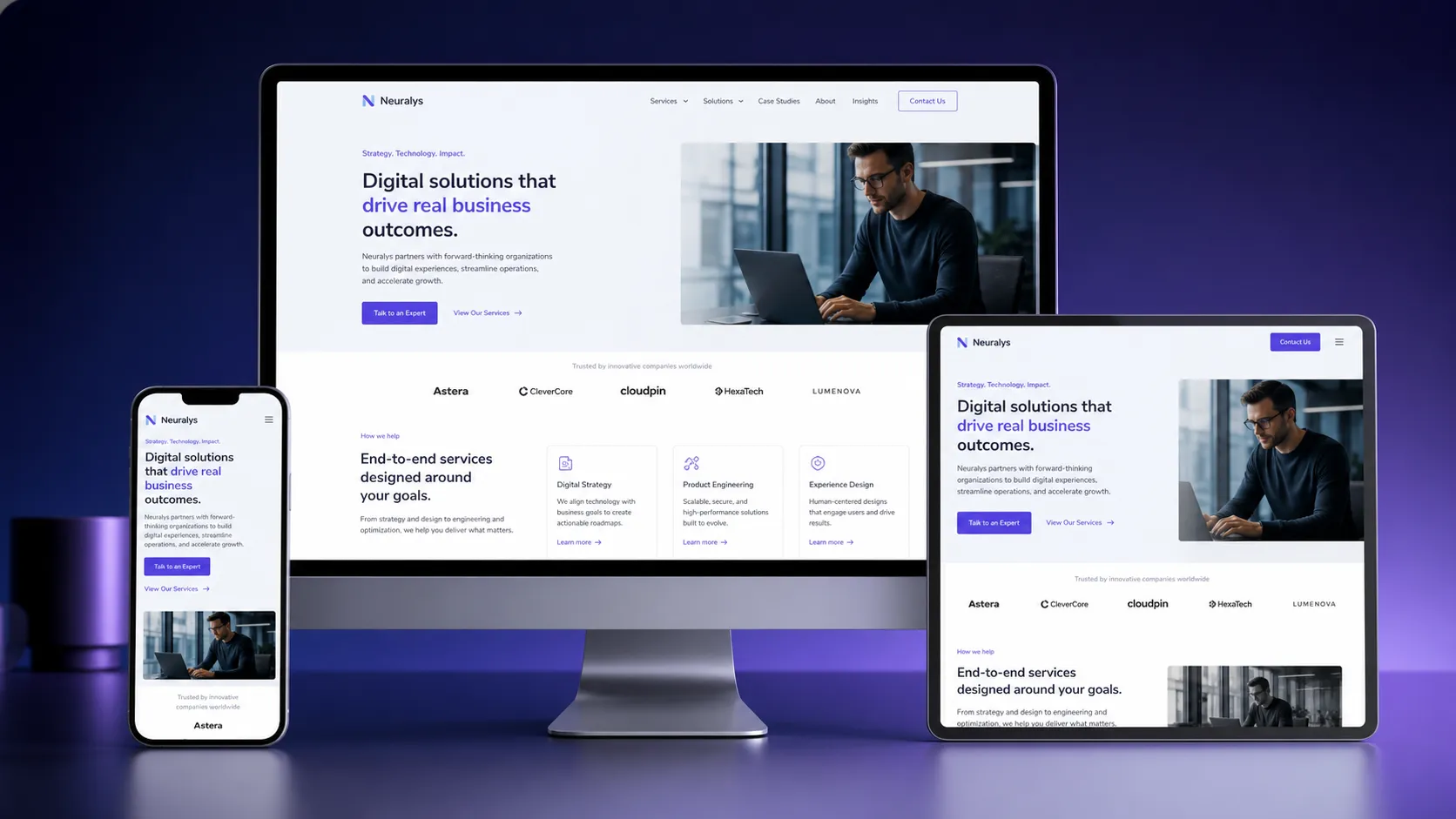 موقع أعمال متجاوب معروض بوضوح على سطح المكتب والجهاز اللوحي والهاتف